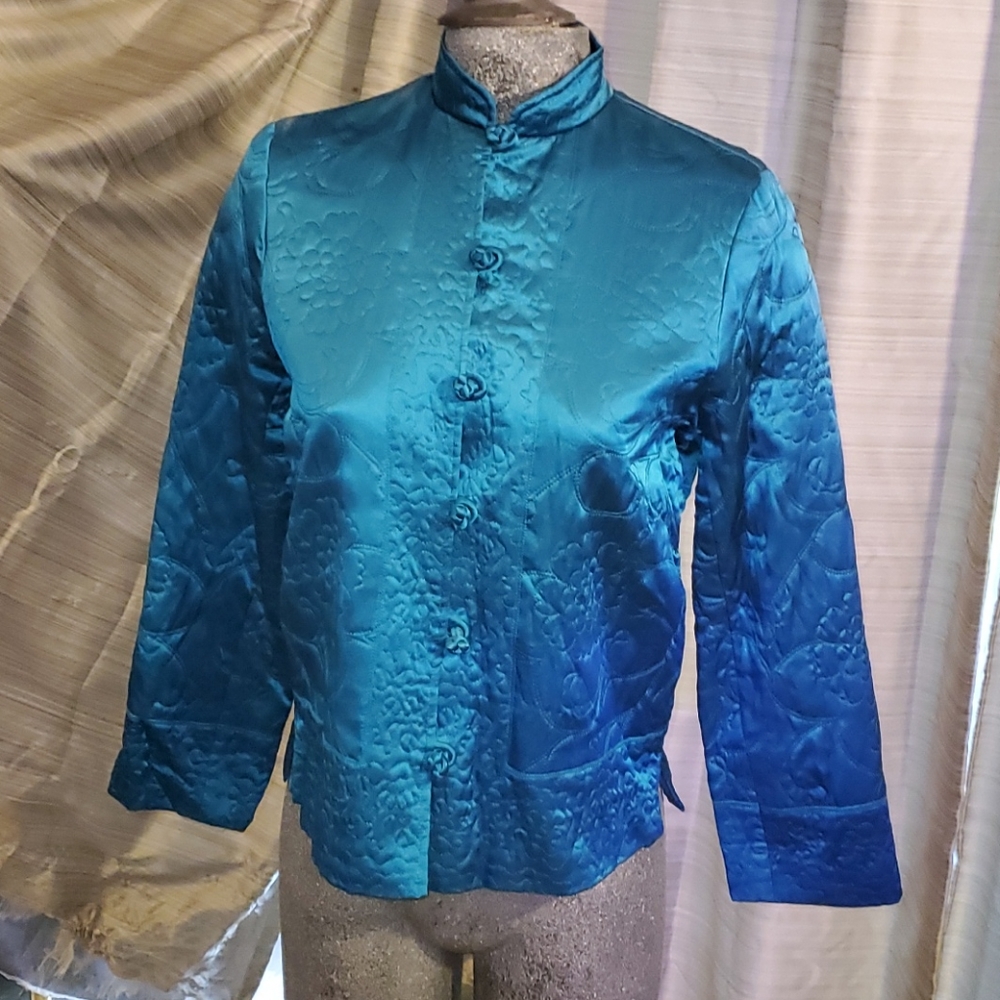 Jewel Teal Mandarin Quilted Blazer Jacket